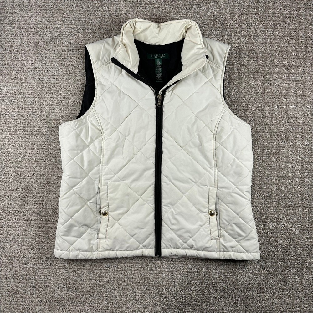 Lauren Ralph Lauren Petite Quilted Puffer Vest Cream White Black Zip Up PL